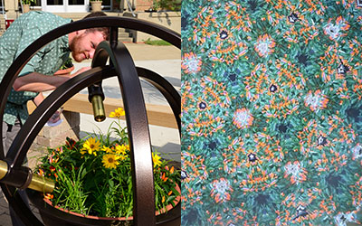 Left image is a male looking through the gold cylinder at the flowers. Right kaleidoscope image of the flowers.