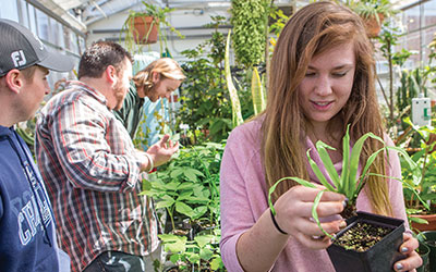 A girl looking at a plant