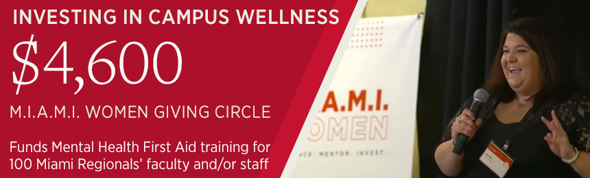  Investing in campus wellness. $4,600 MIAMI Women Giving Circle Grant funds Mental Health First Aid training for 100 Miami Regionals' faculty and/or staff