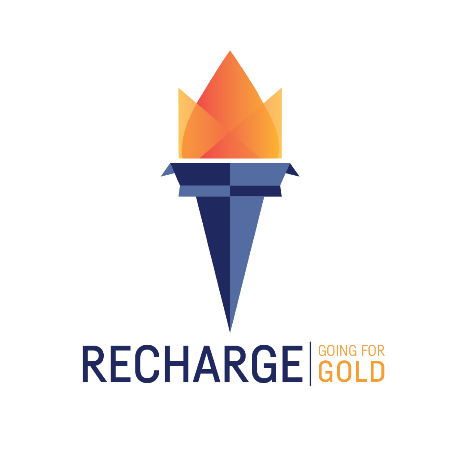blue torch with gold flames and blue and gold text that reads: Recharge 2020 - Going for the Gold