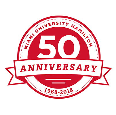 A decorative badge that reads Miami University Hamilton 50th Anniversary 1968-2018