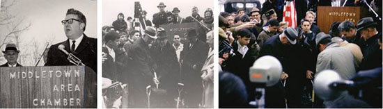 Photo 1: William Donham of the City Commission delivers the welcome address. Photo 2: Ohio Governor James Rhodes joins City and Miami officials in turning the first shovelfuls of dirt. Photo 3: another view of the ceremonial first shovel.