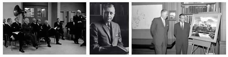 Photo 1: John Millett (2nd from left) and Earl Thesken (3rd from left) at the dedication of the Miami University/Ohio State Academic Center in Dayton, September 1964. Photo 2: John Millett portrait in Miami's Sesquicentennial publication in 1959. Photo 3: John Millett with artist Edwin Fulwider - note the campus planning map to the left of Millett highlighting much of the Oxford campus expansion - June 1964.