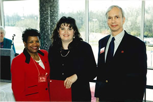 Pictured from left to right: Dr Myrtis Powell, VP Student Affairs at Miami, Margaret A. Brubaker, Dr James Garland, President on April 13, 1999 for the Miami University President's Distinguished Service Award.