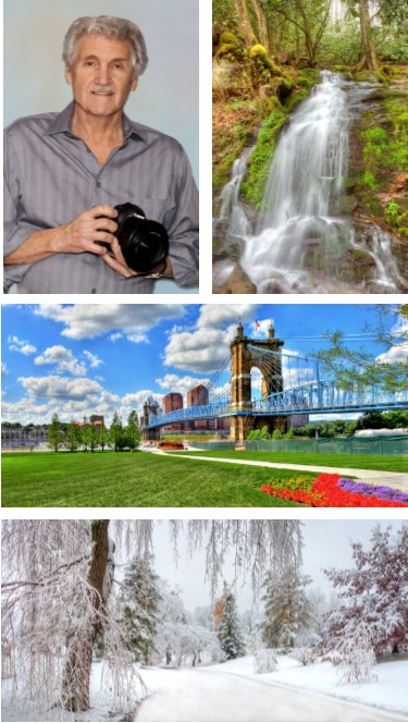 Left Top Image: Brockman holding a camara. Right Top Image: Photo of a waterfall. Middle Image: Photograph of downtown Cincinnati. Bottom Image: Photograph of snow.