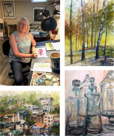 Top Left Diana Whitmer-Frankco sitting at her desk painting. Top Right a painting of trees in a forest. Bottom left painting of a town with houses. Bottom right painting of glass jars.