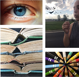 A collage of four photos: a blue eye, stack of book, a girl blowing a dandelion, and colored pencils in the shape of a circle.
