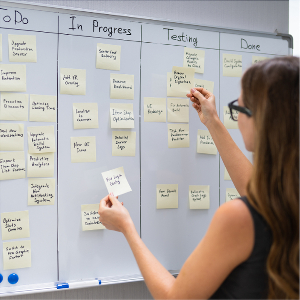 A woman using a whiteboard and Post-it notes to get organized using AGILE. 