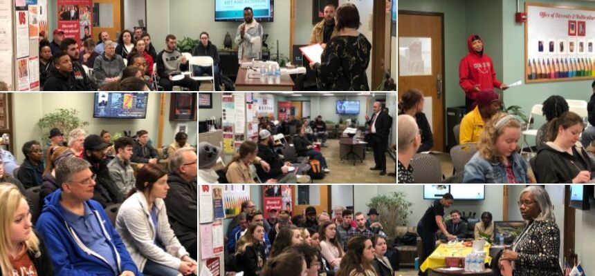 collage of students, faculty and staff in lively conversations about hot topics
