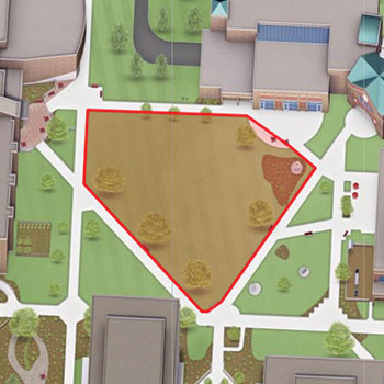 3D rendering of the Hamilton Campus Quad with a red border around the area.