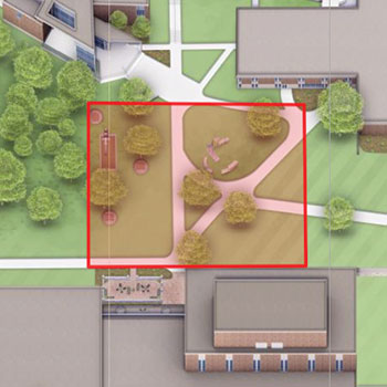 3D rendering of the Middletown campus quad with a red border. 