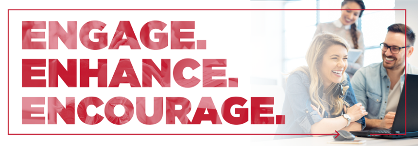 white rectangle with red text that states: Enhance, Engage, Encourage, ECCOE