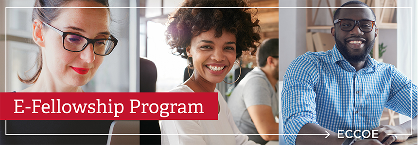 Photos of 3 people working and smiling with a white text over a red background that reads: E-Fellows, ECCOE, and the E-Campus Logo