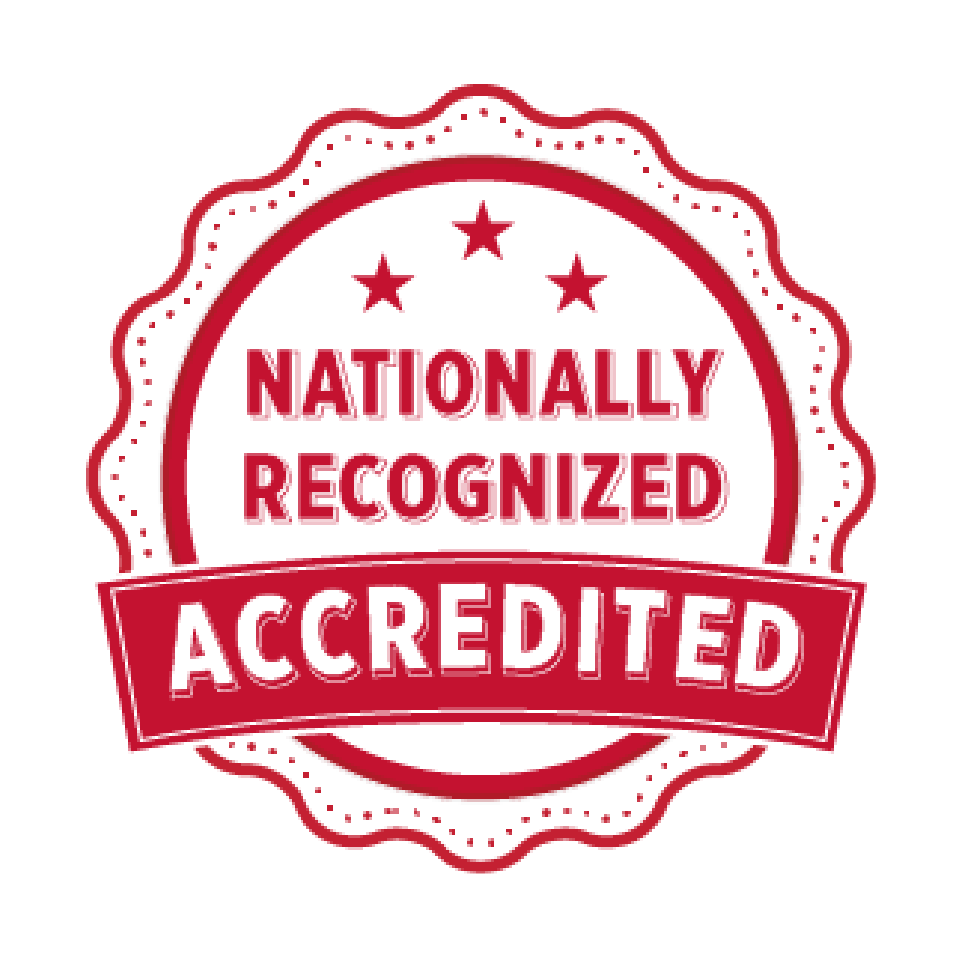 Red and white badge that states Nationally Accredited