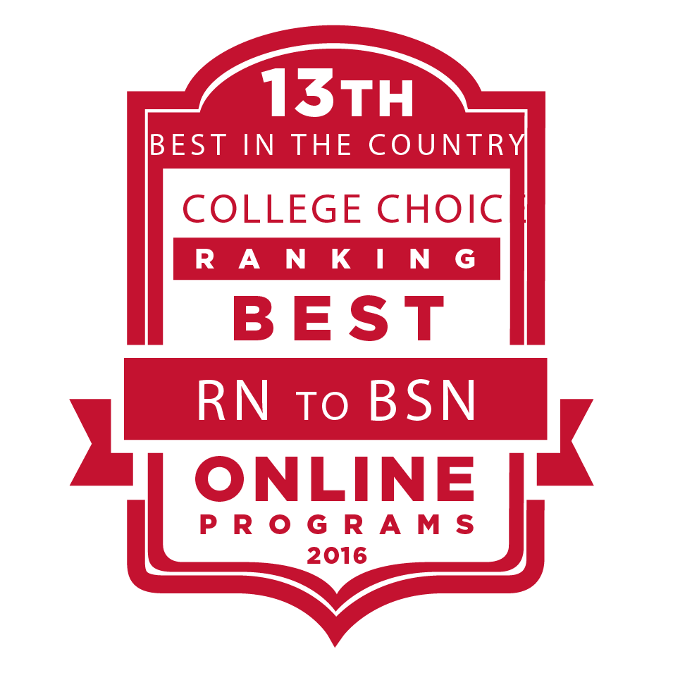 Red and white badge that states 13th Best RN to BSN Online Program