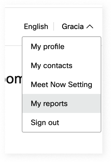 Profile menu on Webex with "My reports" highlighted