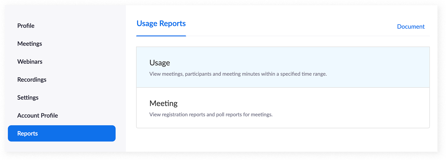 The Reports screen in Zoom