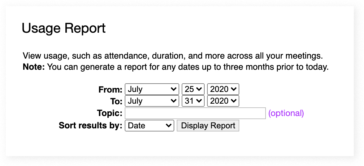 The Usage Report search screen in Webex
