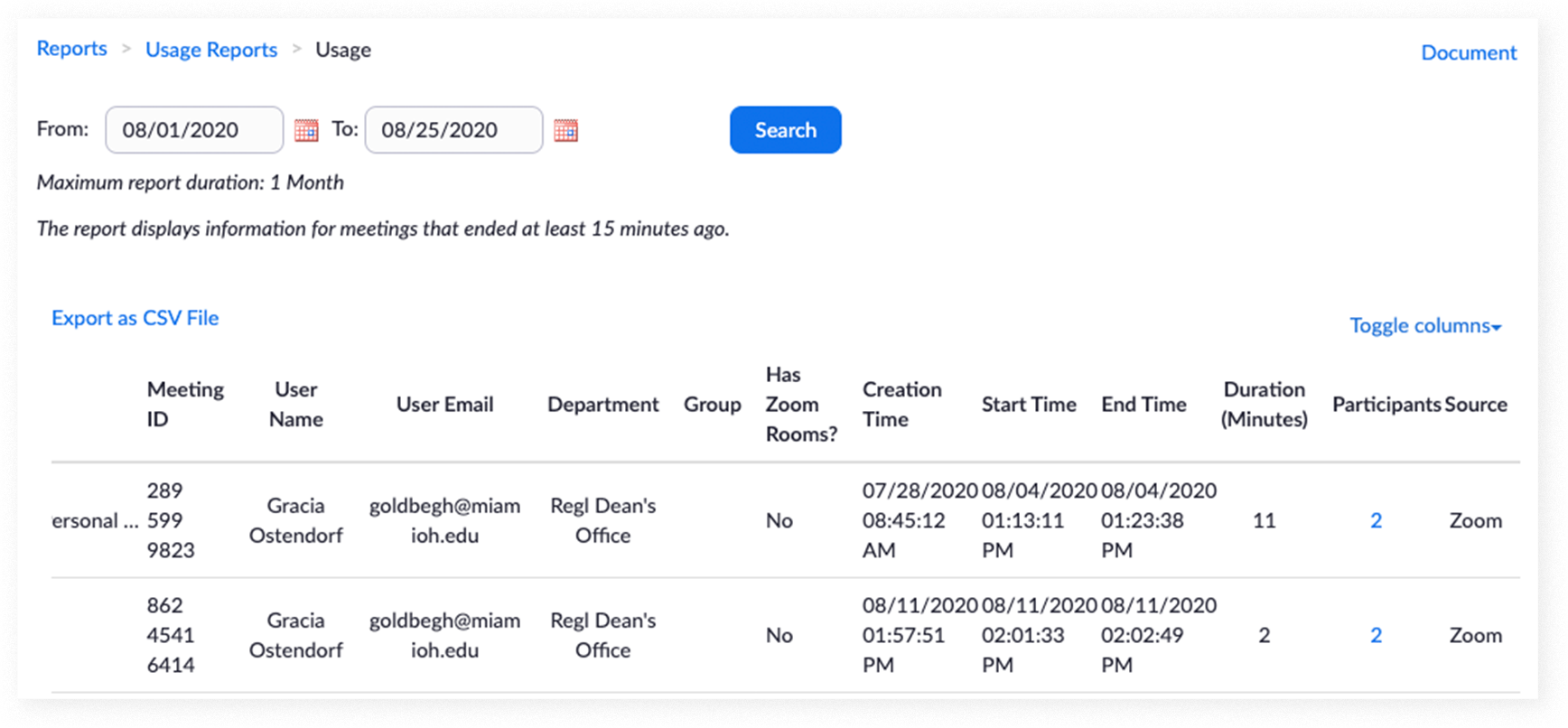Usage Report list in Zoom