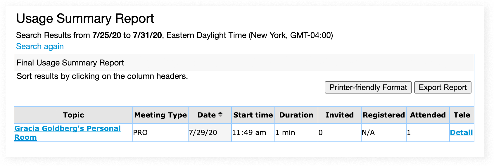 List of Webex Usage Reports