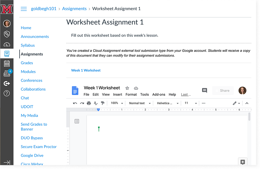 A Google Drive Cloud Assignment embedded in Canvas
