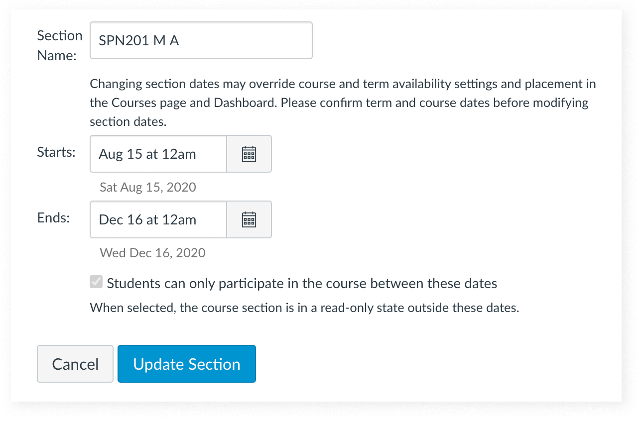 The start and end date fields for a course section in Canvas