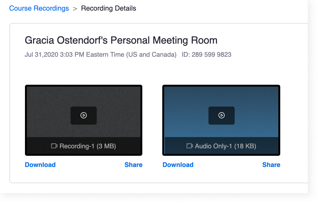 Saved recording options of a Zoom meeting in Canvas