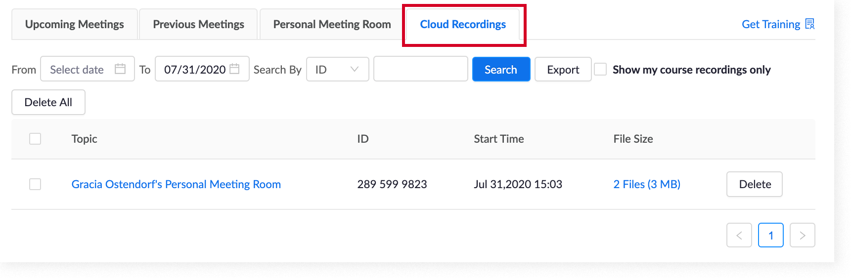 List of meetings with cloud recordings saved in Canvas