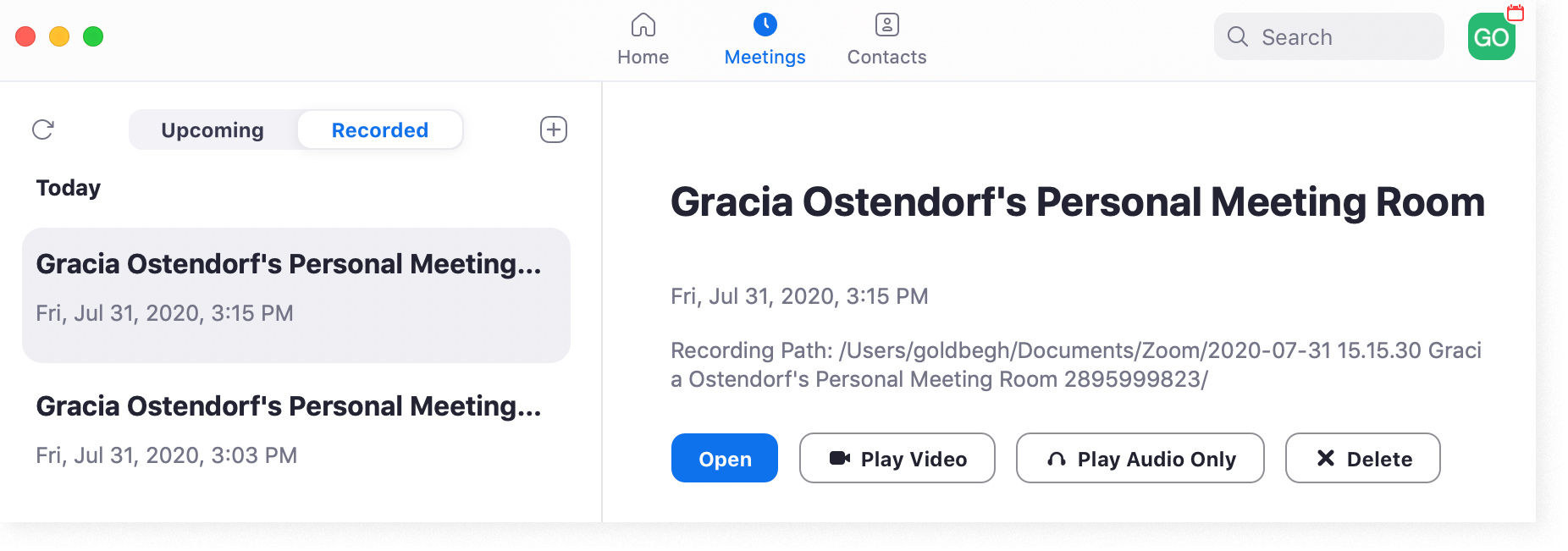 A local recording of a Zoom meeting in the Zoom desktop app