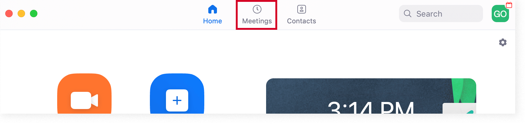 The "Meetings" tab on the Zoom desktop app