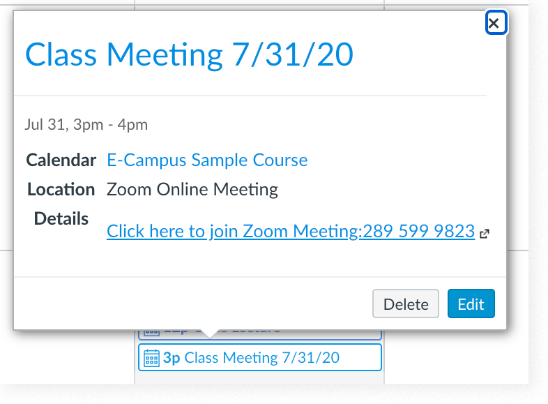 Event details with Zoom link in Canvas Calendar