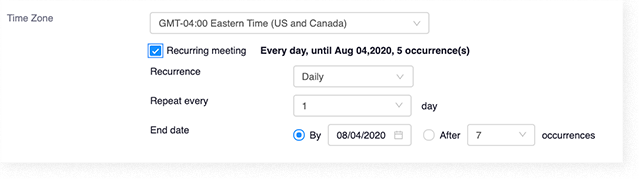 Options for a recurring meeting in Zoom