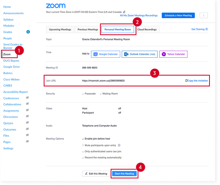 The "Personal Meeting Room" tab in the Zoom section of Canvas