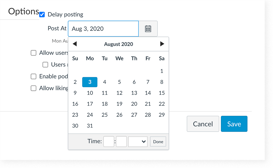 The "Delay Posting" option for a Canvas Announcement