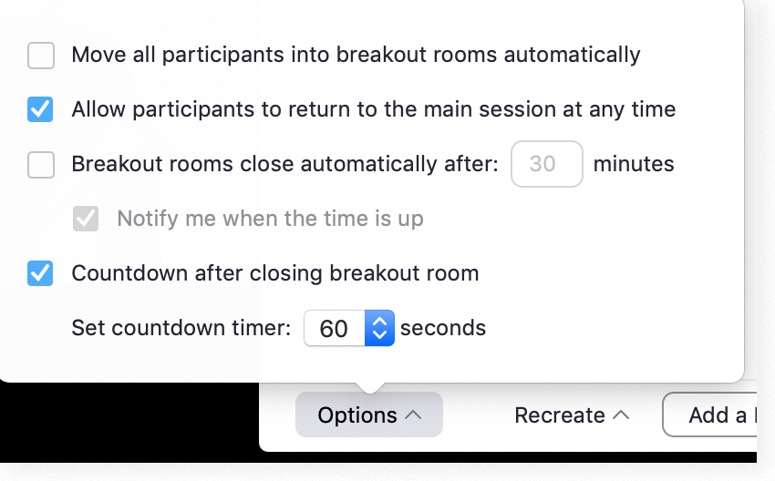 The "Options" menu on the Breakout Rooms window