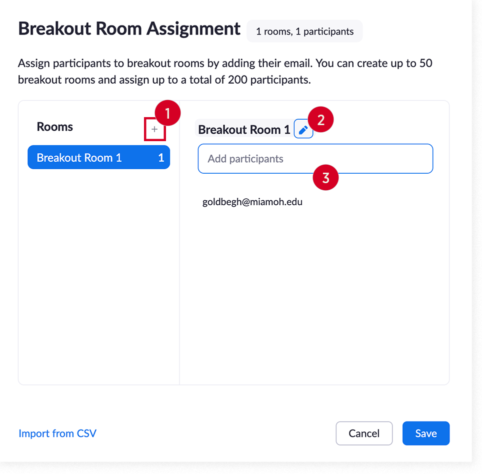 The Breakout Rooms Assignment window for pre-assigning participants to a breakout room in Zoom