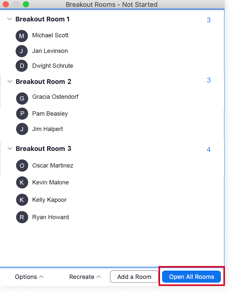The Breakout Rooms window with participants sorted and the "Open All Rooms" button shown