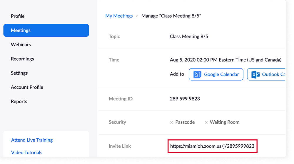 The meeting details page in Zoom, with the Invite Link shown