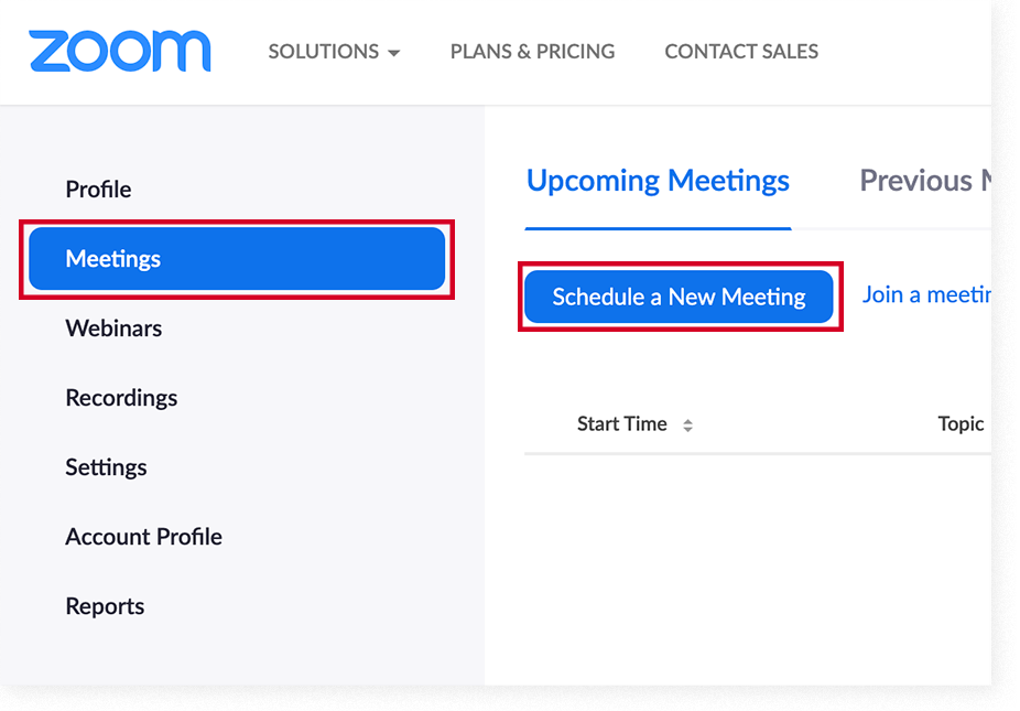 The "Meetings" page in the Zoom web portal after logging in