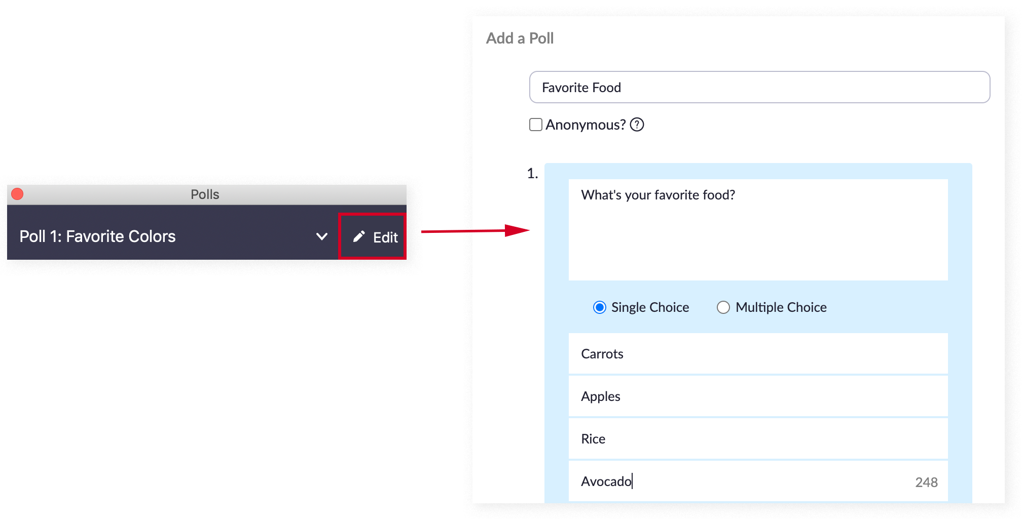 The "Edit" button and the "Add a Poll" window in Zoom