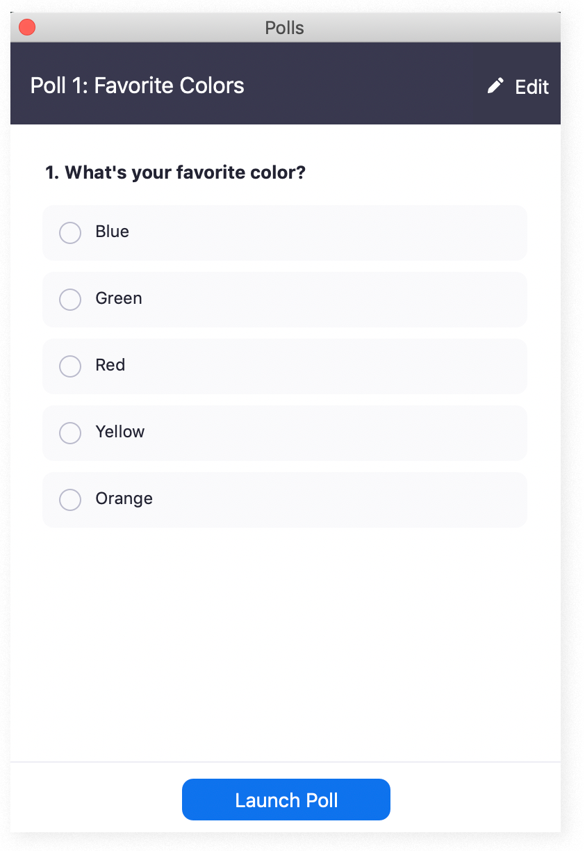 A poll in Zoom with the "Launch Poll" button at the bottom of the window