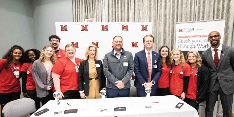 Miami Regionals nursing students with Ande Durojaiye, vice president and dean of Miami University Regionals; Kim Hensley, COO/CNO of Atrium Medical Center; Erik Balster, health commissioner for the Butler County General Health District; and Paul Hoover, president of Kettering Health Hamilton.