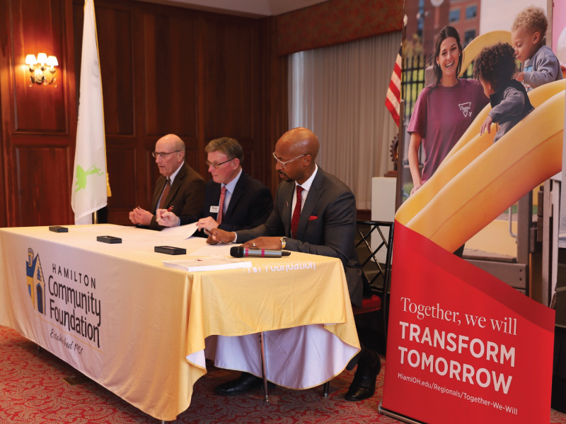 Hamilton Mayor Pat Moeller; President and CEO of the Hamilton Community Foundation John Guidugli; and Vice President and Dean of Miami University Regionals Ande Durojaiye