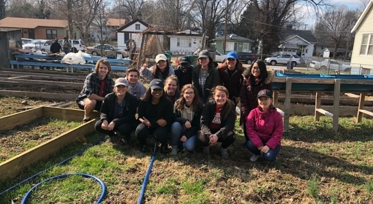 Student volunteers at a garden in St. Louis
