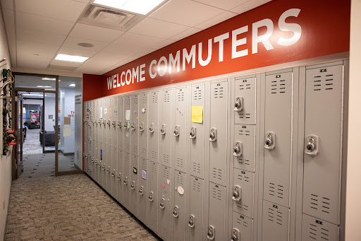 Commuter Center view of a wall of lockers with the words "Welcome Commuters" above