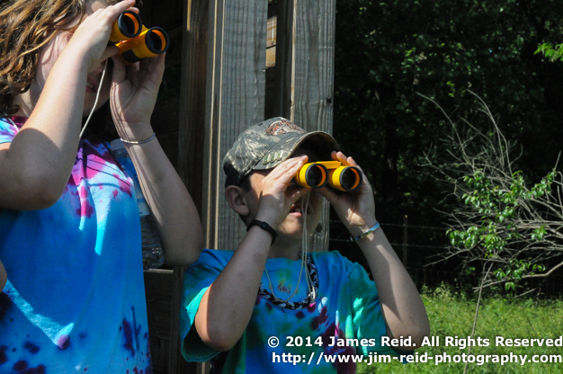 A boy and girl look through binoculars 