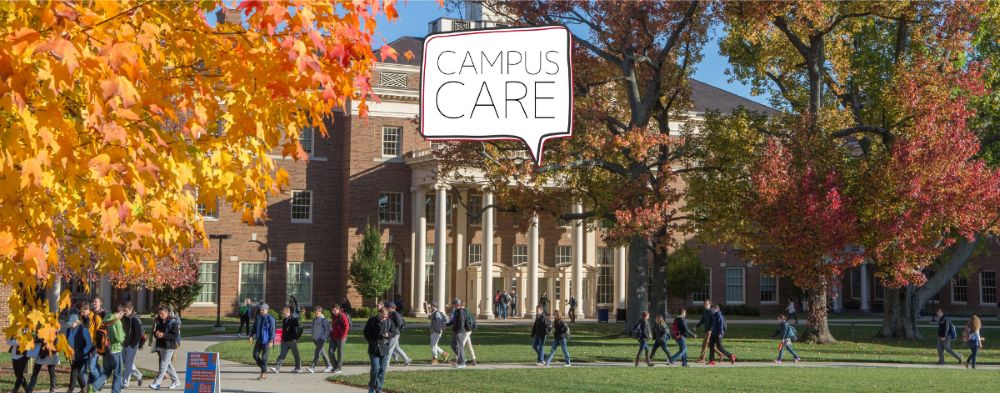 Campus Care logo over backdrop of Farmer School of Business