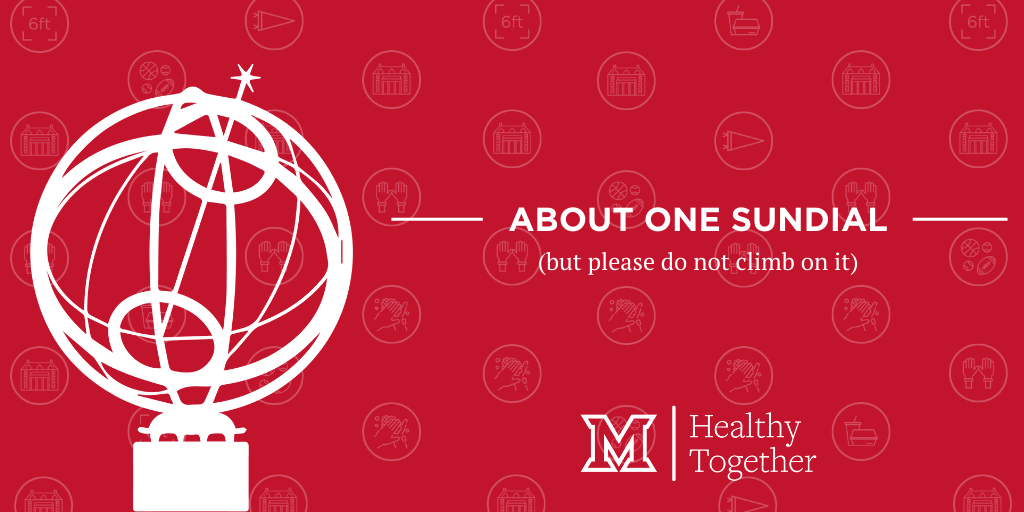 Red graphic with white sundial. Text reads About one sundial. But please do not climb on it.