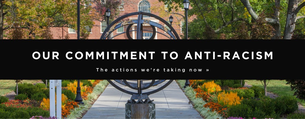  Campus photo of the sundial with black bar and white text overlaying that reads Our Commitment to Anti-Racism. The actions we're taking now.