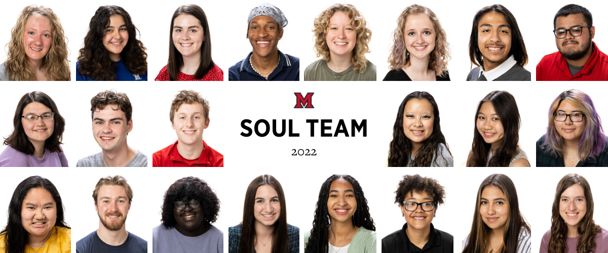 22 student headshots on a white background, with the Miami M in the center with text SOUL Team 2022